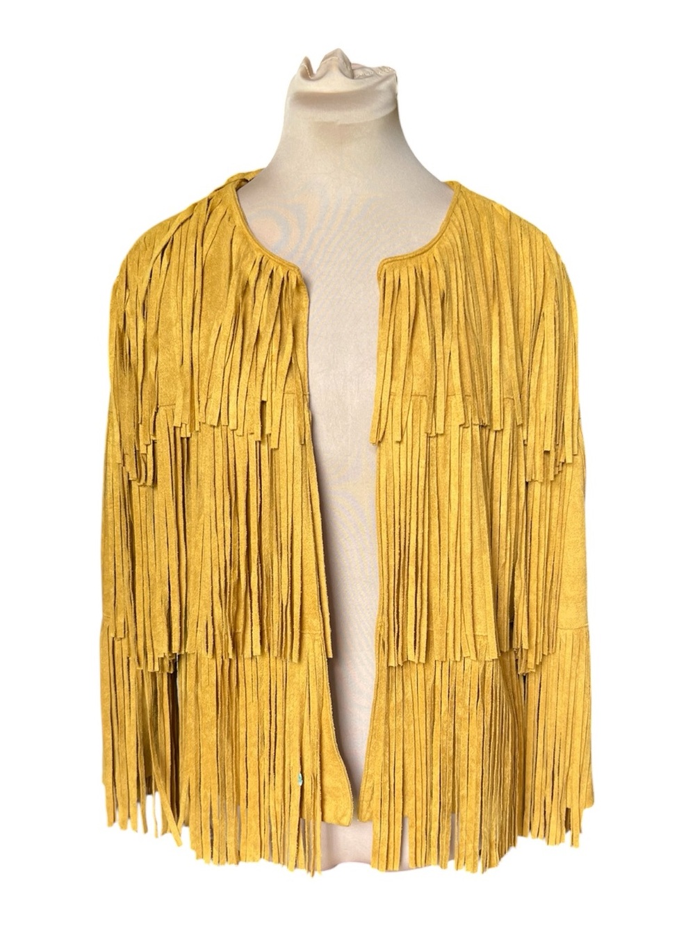 DO + BE Faux Leather Suede Yellow Multi-Tiered Fringe Open Jacket L - Picture 2 of 13